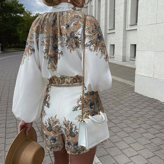 1 Set Women Shirt Shorts Set Vintage Pattern Print Turtleneck Two-piece Single Breasted Long Sleeve Top Pocket Shorts Office