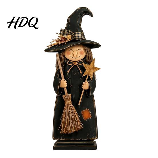 Vintage Style Witch Statue for Shelf Wooden Ornament Retro Halloween Figurine with Broom/Pumpkin/Black Collectible Figures Cat Creative Tabletop