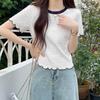 French Fungus Edge Short-sleeved T-shirt Women's Summer Contrasting Short Front Shoulder Top