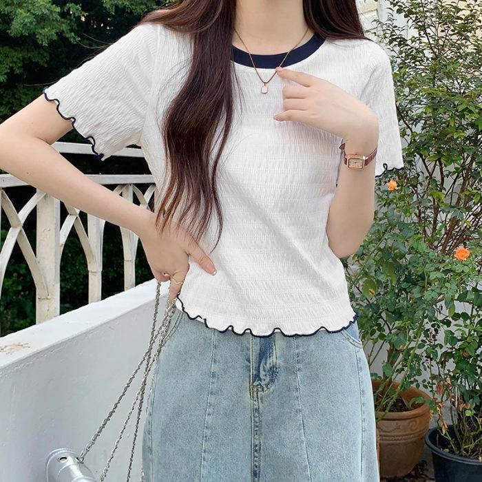 French Fungus Edge Short-sleeved T-shirt Women's Summer Contrasting Short Front Shoulder Top