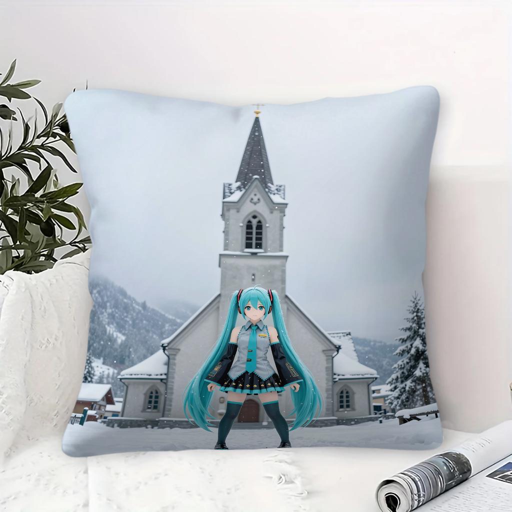 Hatsune Miku Santorini Sunset Throw Pillow With Core Anime Girl Cushion For Gaming Room Teens Room Sofa Bedroom Decor Fans Gift