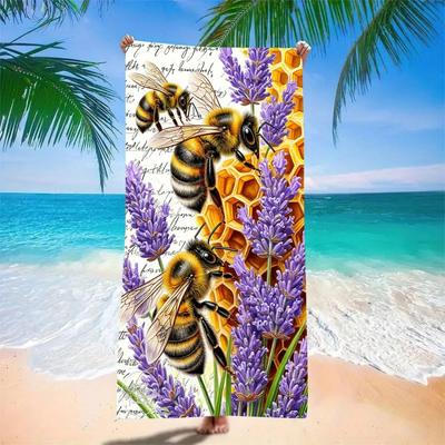 Microfiber Quick Dry Beach Towel - Bee Lavender Honeycomb Print, Lightweight Sand Free Blanket for Swimming, Gym, Travel, Pool