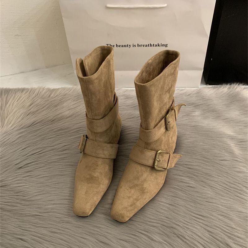 

Fashion 2025 New Suede Ankle Boots Metal Buckle Belt Sexy Square Toe Suqare Heel New Arrivals Fashion Women Low-heel Modern Botas Mujer 35 хаки