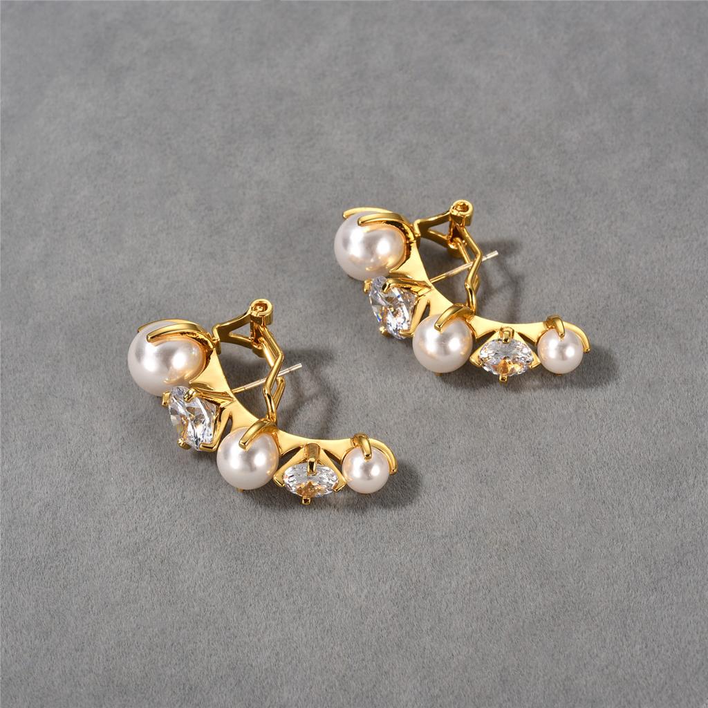 High Sense Light Luxury Temperament Brass Plated 18K Real Gold Inlaid Pearl Diamond Ear Buckle Earrings Fashion Earrings