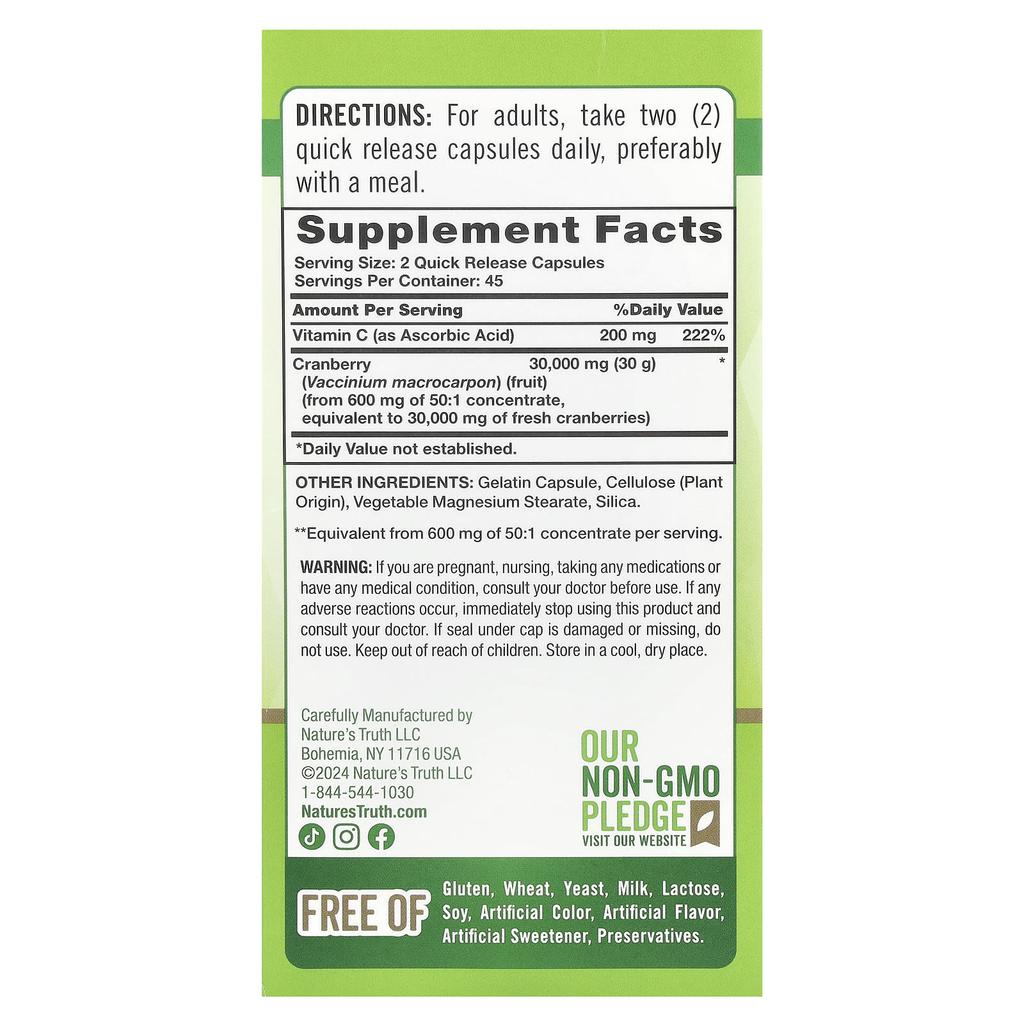 Nature's Truth, Triple Strength Cranberry Concentrate + Vitamin C, 30,000 mg, 90 Rapid-Release Capsules (15,000 mg per capsule)