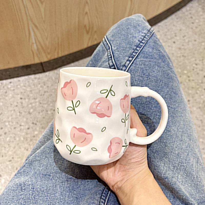 

Mug with Lid Spoon Household Girly Ceramic Cup Student Breakfast Milk Cup 400ML