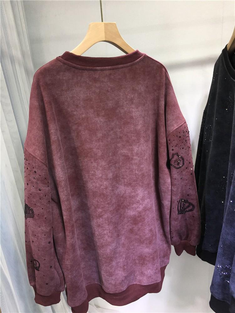 European Crown Hotfix Diamond Sweater - Plus Size, Velvet-Lined, Round Neck, Long Sleeve Luxury Top