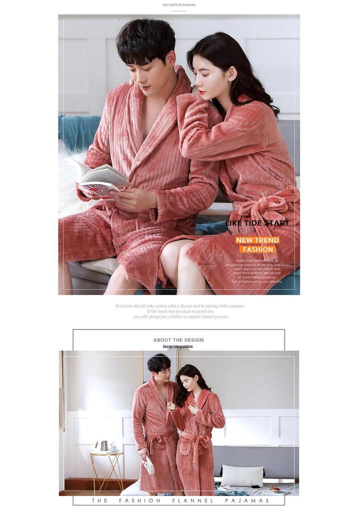 Cozy Coral Fleece Couple Pajamas Robe - Thick Warm Autumn Winter Bathrobe