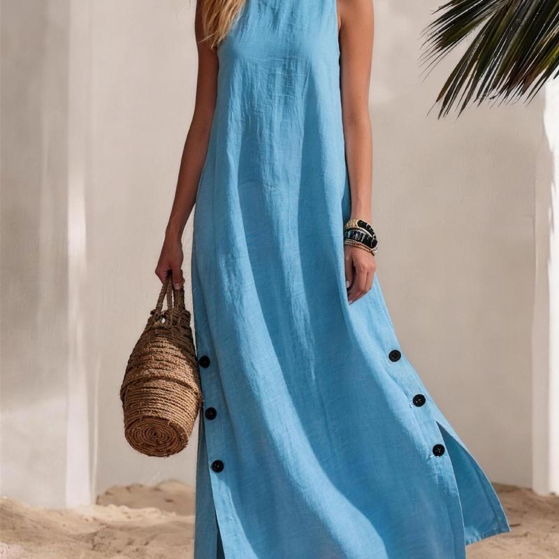 Women's Cotton Linen Maxi Dress Sleeveless Side Slit Loose Fit Casual Vacation Dress