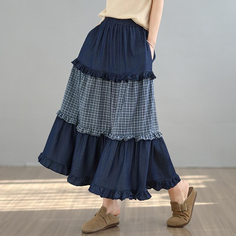 Denim Plus Size High Waist Vintage Patchwork Spring Summer Autumn Casual Loose Long Woman Skirt