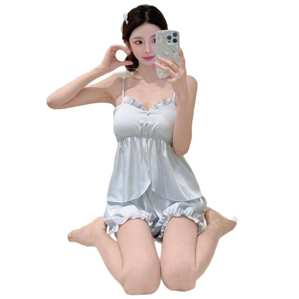 Ice silk pajamas female summer girl pure desire suspender shorts loungewear set pajamas female pink sexy pure desire