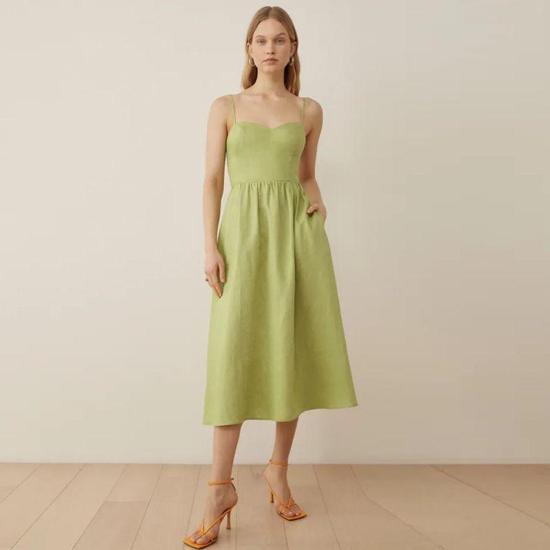 

Летнее поступление Зеленый сарафан из льна средней длины 2024 Француский ретро европейский и американский женский наряд Cocoa Green L