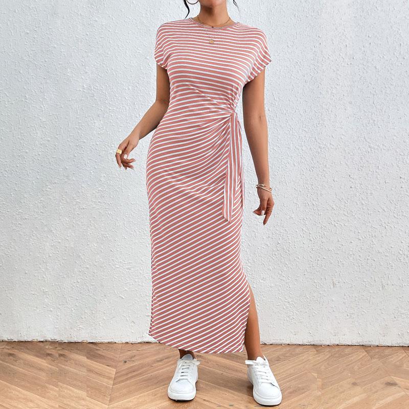 Women's Fashion Summer Spring Stripe Print O-Neck Slim Casual Dresses
