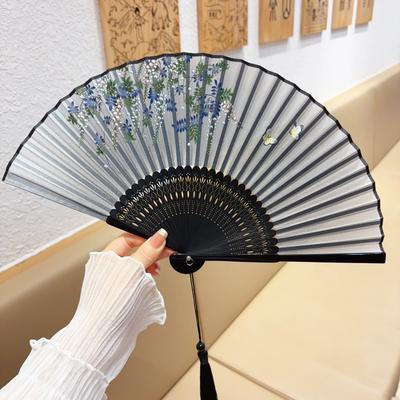 Wisteria Butterfly Ancient Style Folding Fan for Women, New Chinese Style Qipao Accessory, Portable Tassel Bamboo Fan for Summer Photoshoots
