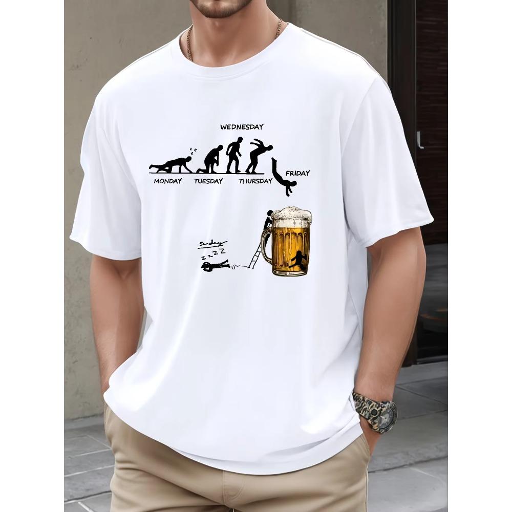 Men's Summer 100 Cotton Fashionable Casual Loose Large Fun Beer Pattern Printed Sports Round Neck Short Sleeve T-shirt Top