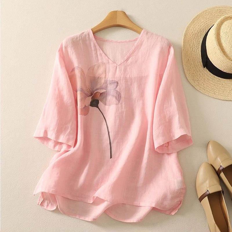 Cotton T-shirt Female Summer V-neck Loose Soft Casual Large Size Short-sleeved Blouse Top