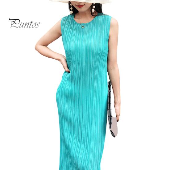 Dámské vestové šaty plisované volné s kulatým výstřihem jednobarevné rovné OL dojížděcí šaty bez rukávů midi šaty ke lýtkům