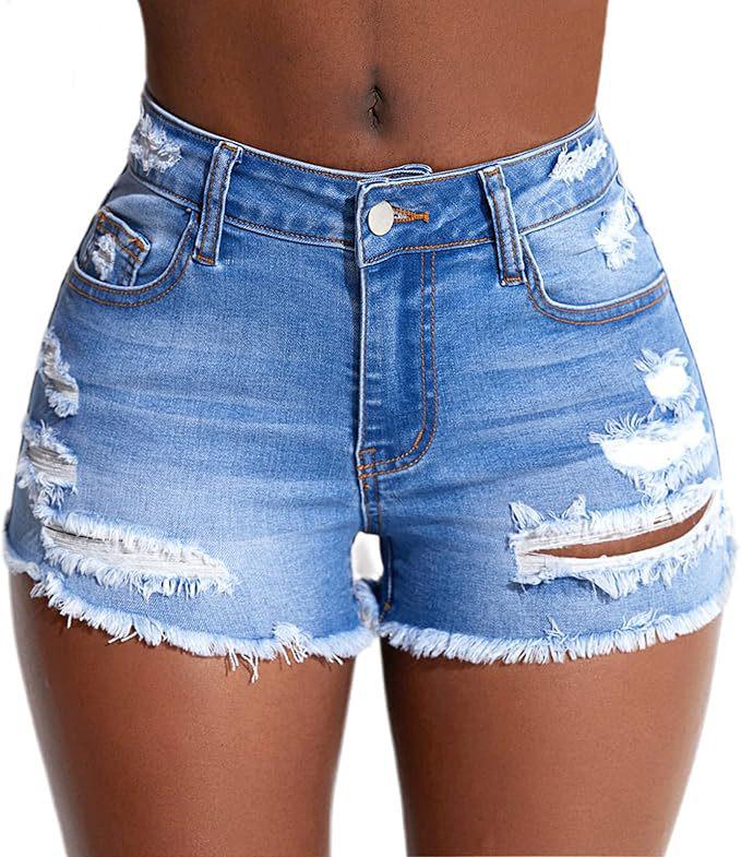 

2026 Summer Women s Mid-Waist Sexy Stretch Butt-Lifting Ripped Denim Shorts XXL світло-синій колір
