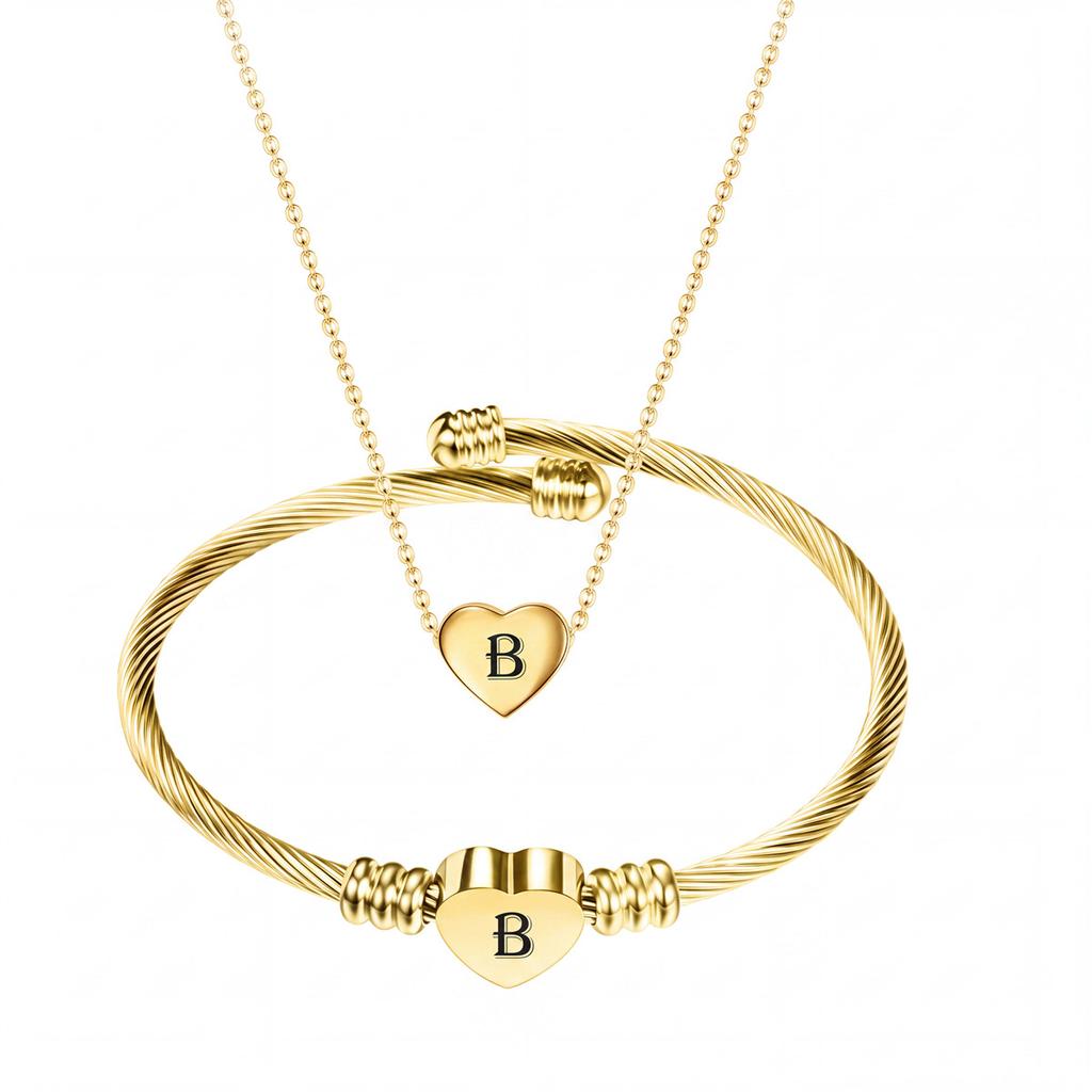 Diy 26 Letters Fadeless Stainless Steel Heart Pendant Necklace Bracelet Set For Women