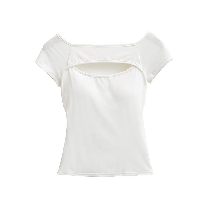 Chic One-Shoulder Hollow Short-Sleeve Women's Slim-Fit T-Shirt