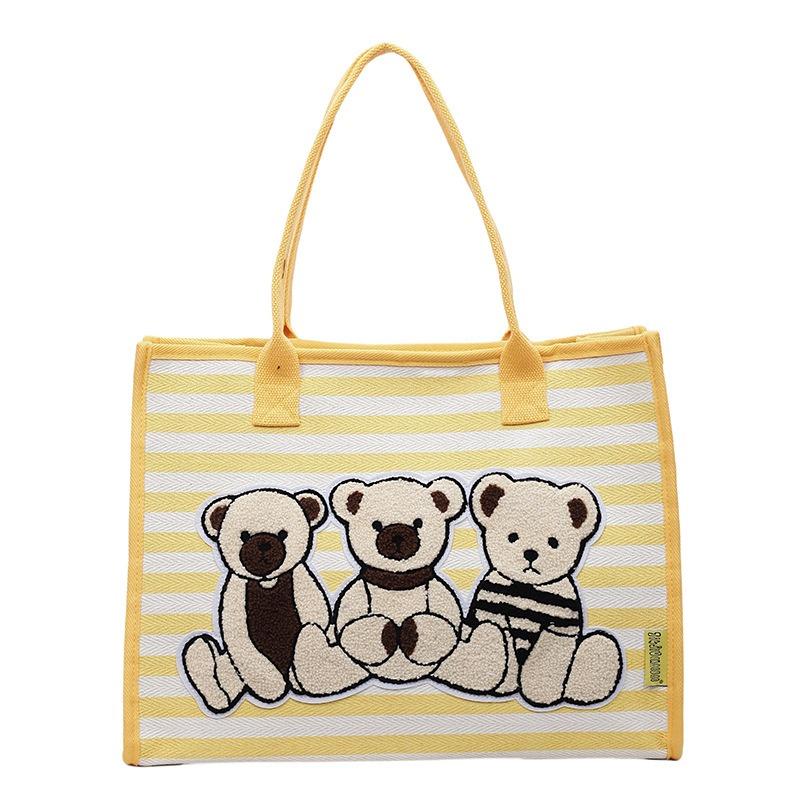 Striped canvas bag women's large-capacity new autumn and winter versatile cartoon shoulder bag college student tote bag