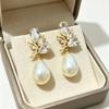 Stylish High-End Copper Zirconia Stud & Pearl Pendant Earrings