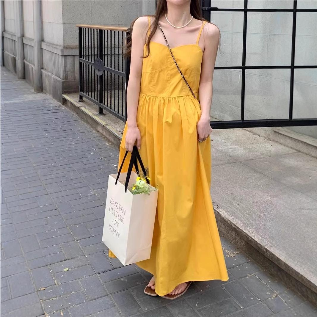 

Yellow Spaghetti Strap Beach Vacation Dress: Women s Ruched Waist Slimming Backless A-line Long Dress S [Premium Version]