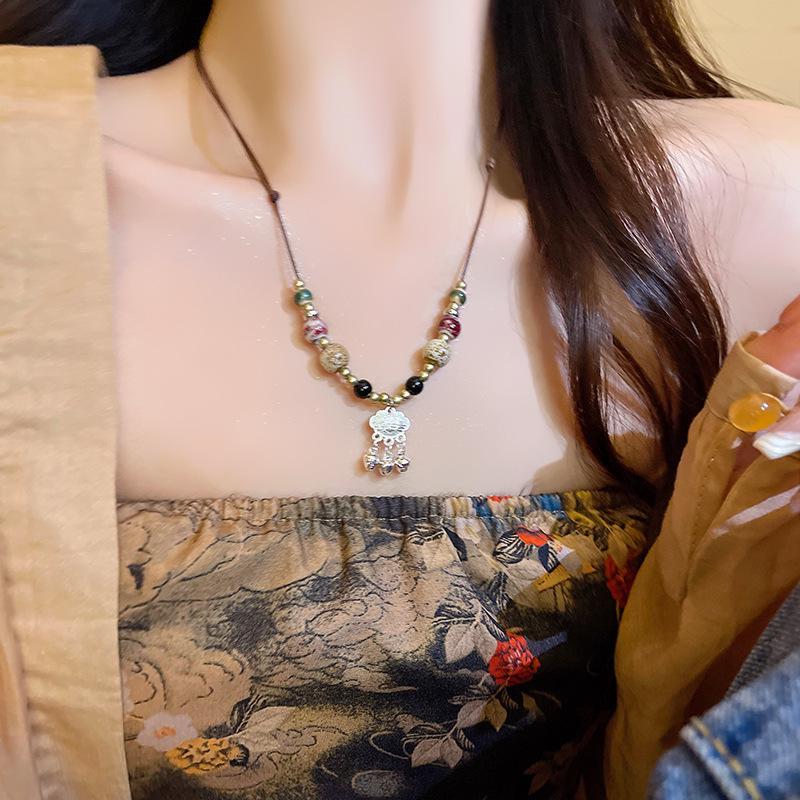 Zen-Inspired Chinese Beaded Necklace with Peace Lock & Butterfly Design – Elegant Clavicle Chain for Women.