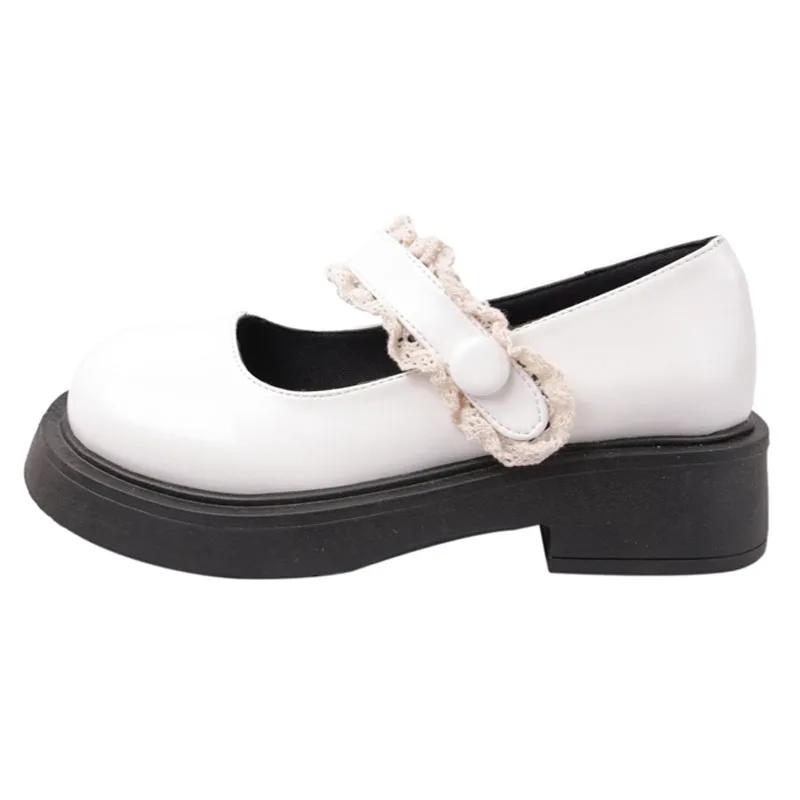 Women Heels Sweet Lace Trim Round-toe Pumps Hook & Loop Buckle Straps Mary Jane Shoes Fashion Platform Wide Heel Lolita Shoes