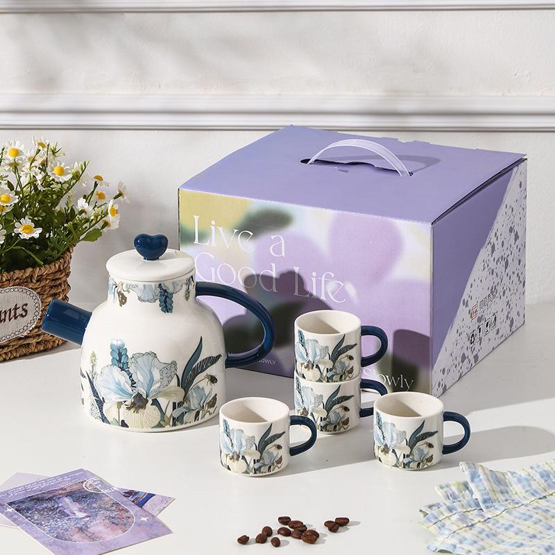 Iris High Value Tea Set Water Utensils Business Gift Set Retro Floral Ceramic Kettle Cup Souvenir