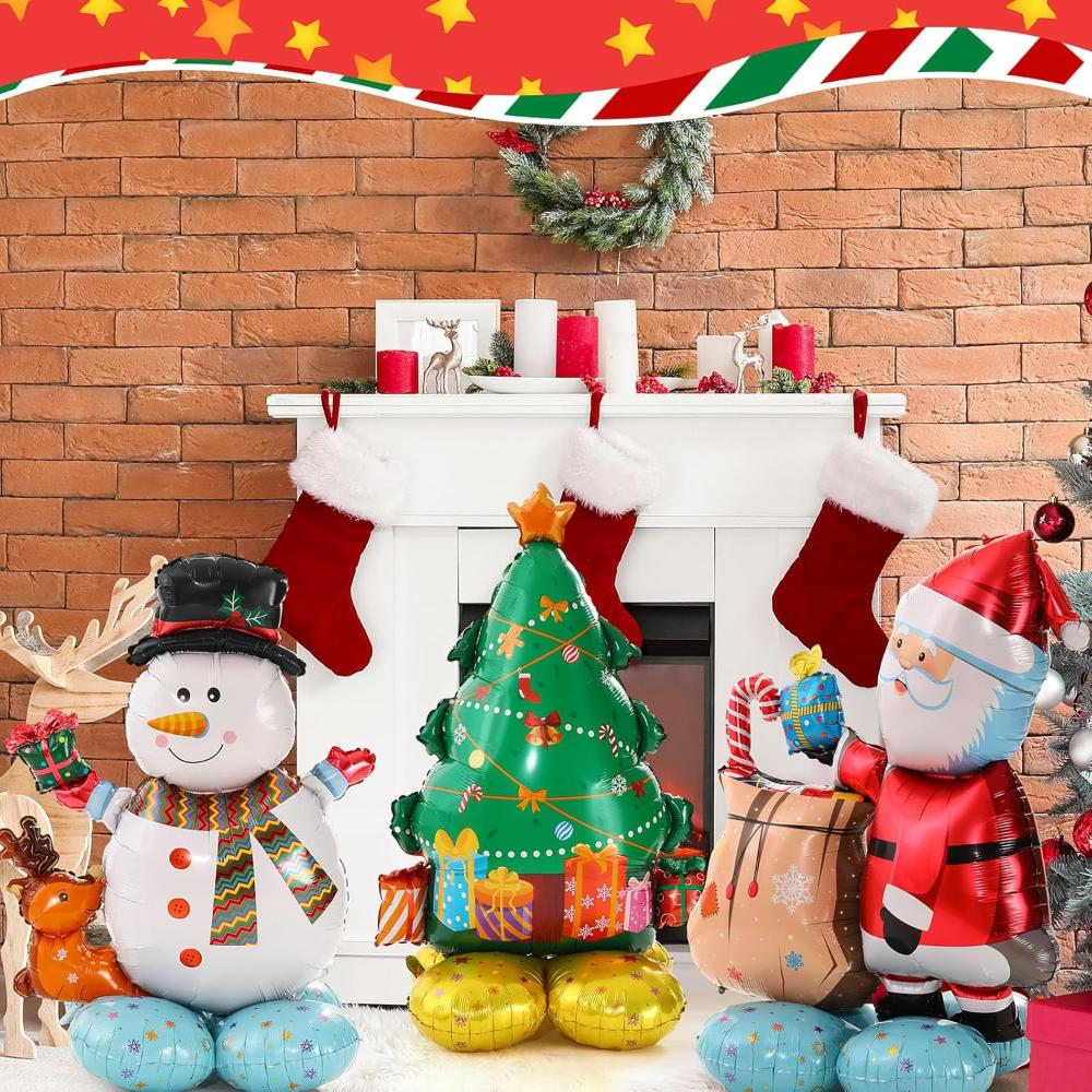 3 Pcs Christmas Balloon Giant, 4D Christmas Tree Santa Claus Snowman with Base Balloon for New Year Party Decorations Supplies