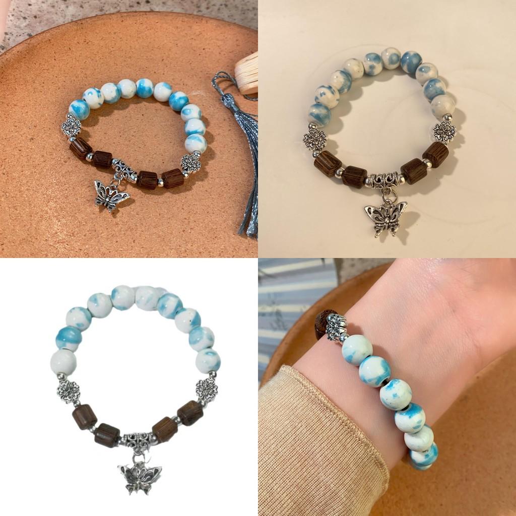 Handcrafted Ceramic Butterfly Beaded Bracelet Retro Geometric Design Elegant Women's Jewelry