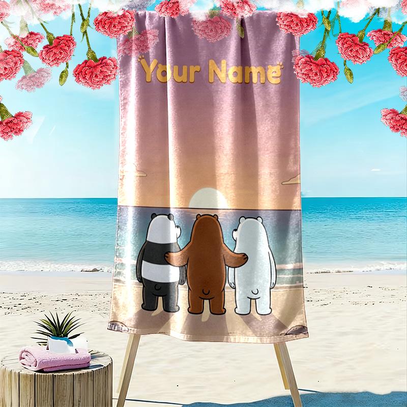 Name Custom We Bare Bears Print Beach Towel, Large Soft Quick Dry Towel for Beach Camping Swimming
