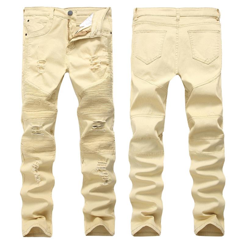 Pánské motocyklové pomačkané roztrhané džíny Street Slim Fit elastické legíny Džínové kalhoty Pánské