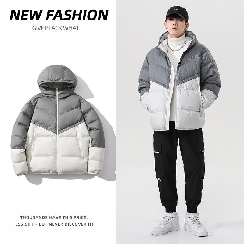 Unisex Hooded Color Block Winter Cotton Jacket, Thickened and Trendy Loose Fit.