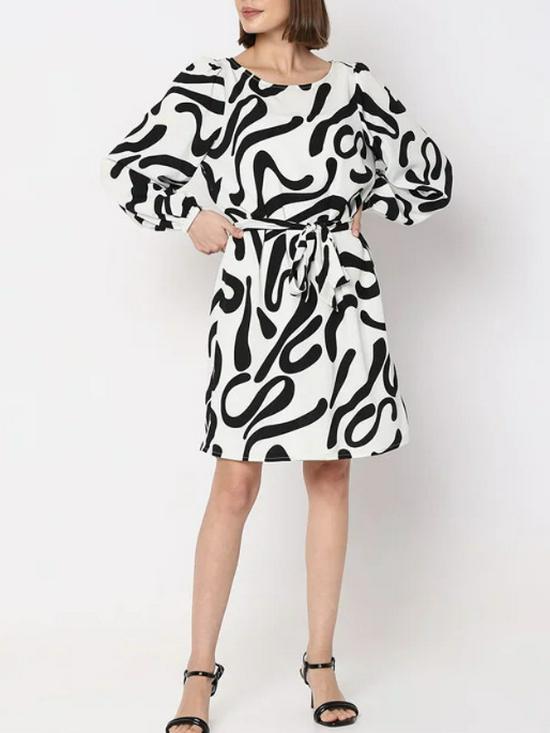 

European & American Style Women s Belted Long-Sleeve Round-Neck Dress Extra Large чёрный/белый