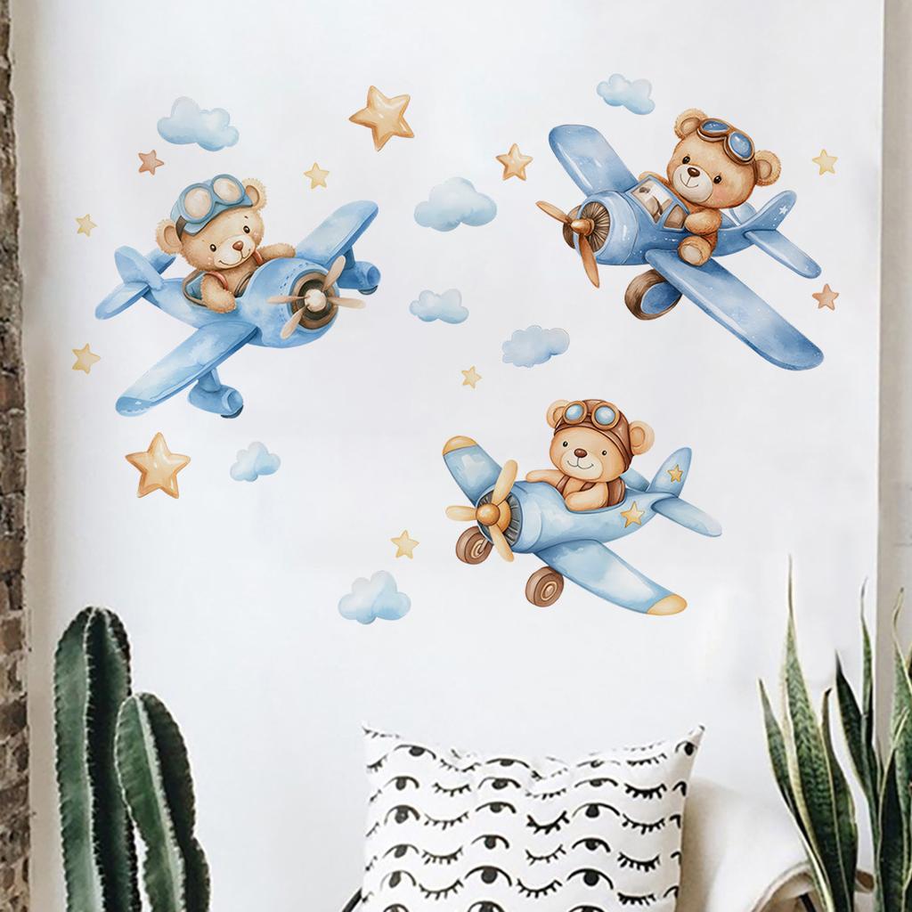 Cartoon Hand-Painted Bear Airplane Wall Sticker Kids Room Bedroom Entrance Home Wall Decoration Self-Adhesive