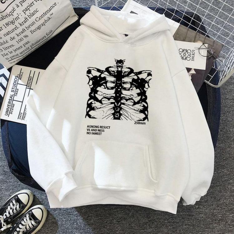 Gothic Grunge Skeleton Print Women Oversized Hoodie Streetwear Long Sleeve Pocket Tops Black Casual Pullover