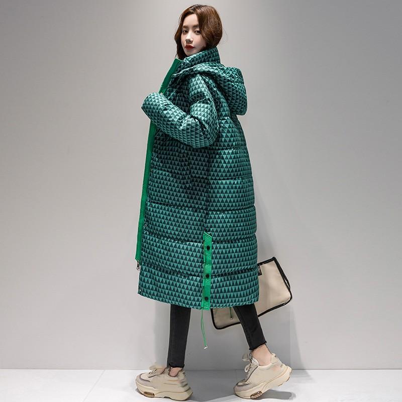 Damen Winter Kapuzen Knielang Daunen Baumwolljacke Karomuster Temperament Lockerer Mantel
