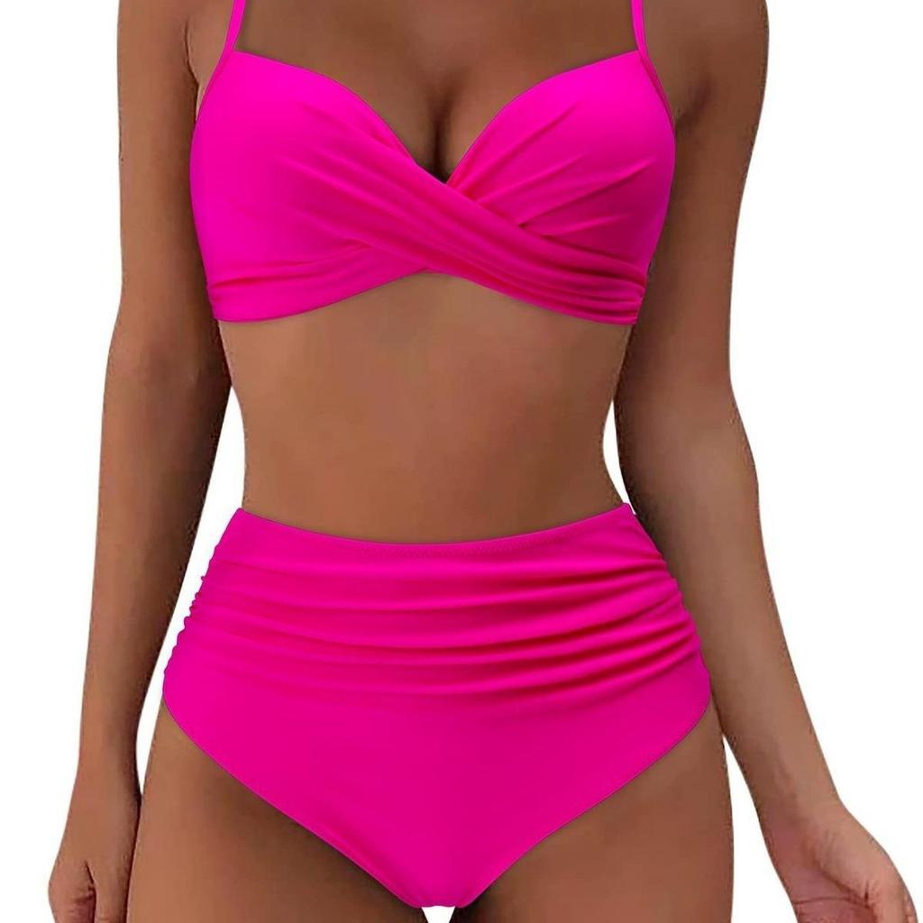 Costume da Bagno Donna Colore Unico Pieghettato Vita Alta Sexy Bikini Tankini Abbigliamento da Spiaggia