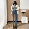 Damen Jeans Herbst/Winter 2023 - High-Waist, Gerade Beine, Mit Samt gefüttert, Lockerer Schnitt, Schlankmachend, Elastisch, Zigaretten-Stil, Neun-Punkt-Länge
