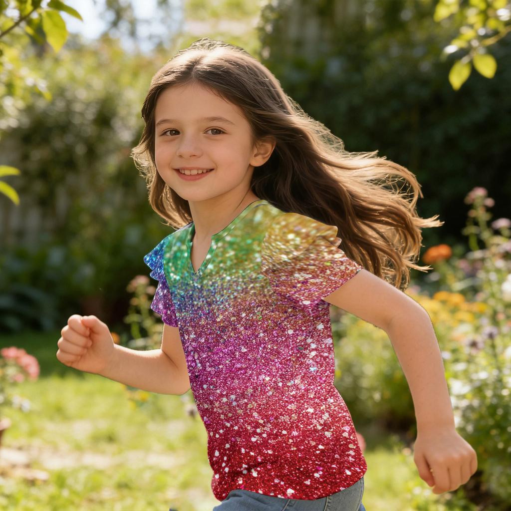 Girls V Neck Short Sleeve T Shirt Casual Top with Ruffle Sleeve and Sequin Print Lightweight Summer Blouse for Kids