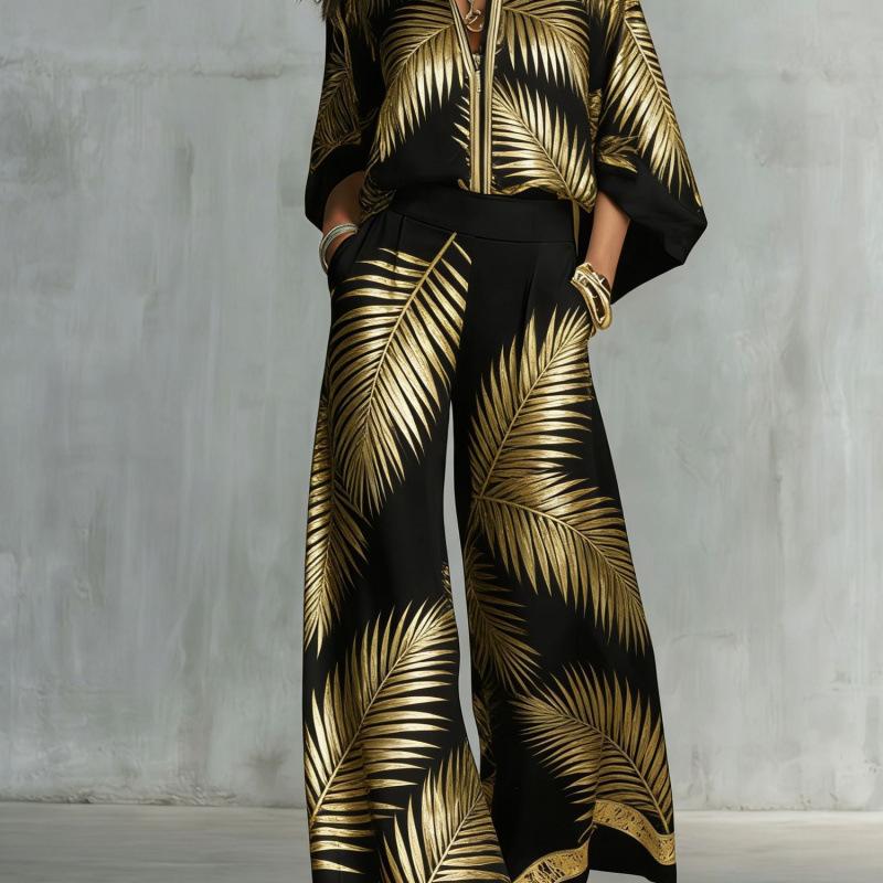 1116 New European and American Style Fashion Luxury Black Gold Baroque Print Nine-quarter Sleeve Wide-leg Pants Set Women's Two-piece Set