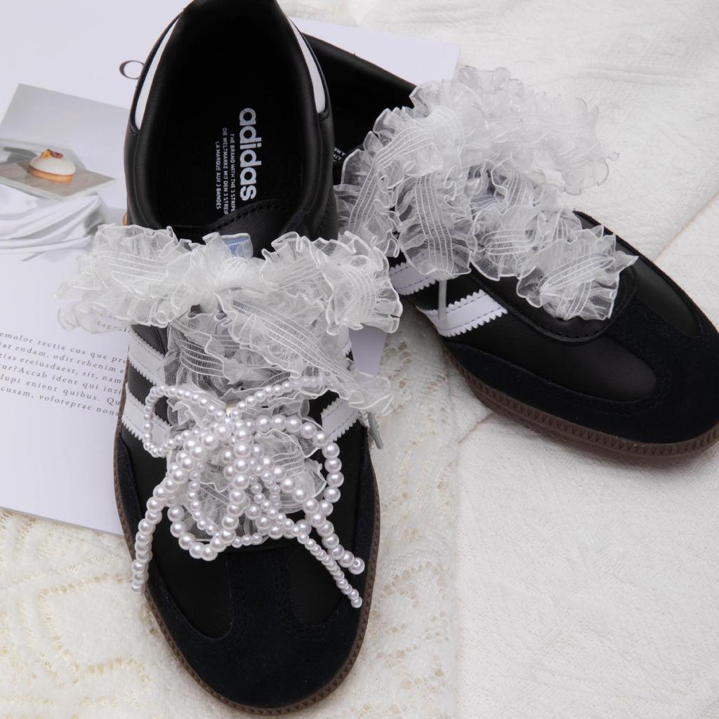 Ballet-Inspired Pearl Bow Lace Frill Shoelaces for T-Toe Training Shoes