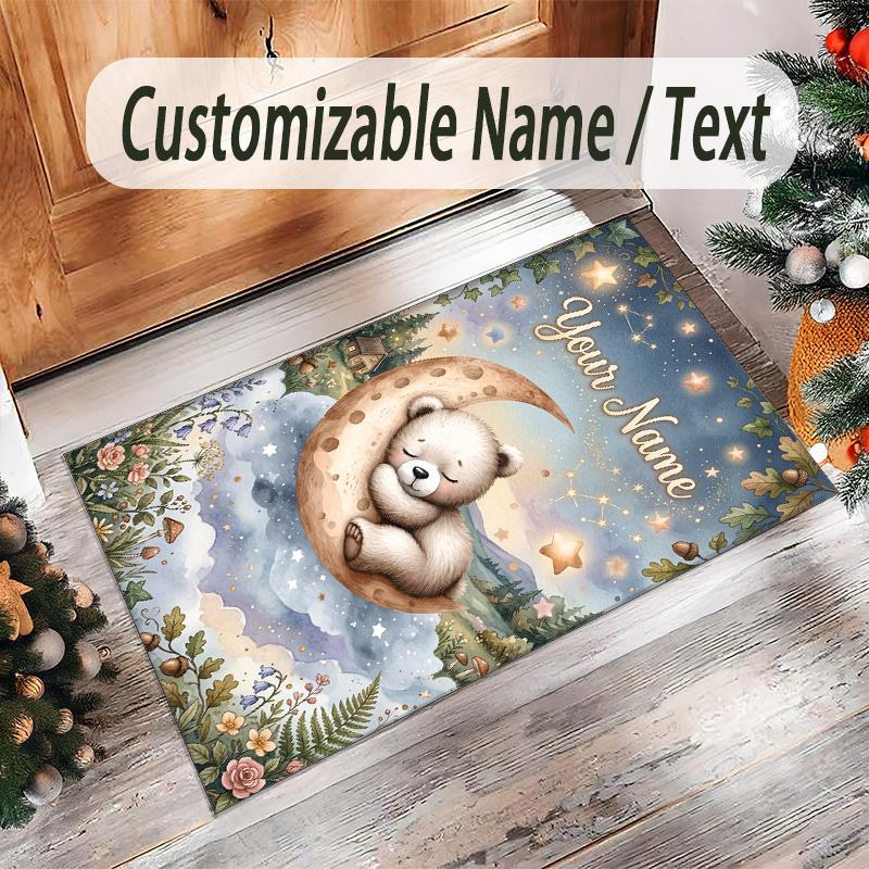 Teddy Bear Theme Crystal Velvet Rug Personalized Custom Name Text Soft Floor Mat Home Decor