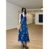 Super Good-looking Printed V-neck Vest Dress, Seaside Vacation Style Waist Repair Off-the-shoulder High-waisted A-shaped Long Skirt
