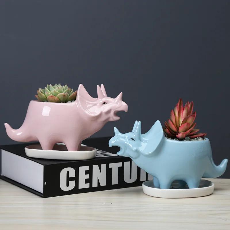 Ceramic Triceratops Planter with Tray, Creative Dinosaur Statue Garden Pot for Succulents Flower Pots Home Office Desktop Decor
