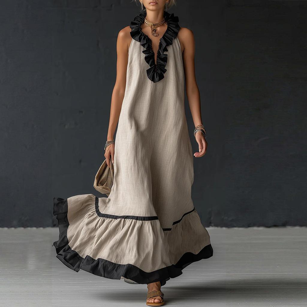 Women's Fashionable Color Round Neck 3/4 Sleeved Cotton Linen Casual Vacation Loose Long Dress