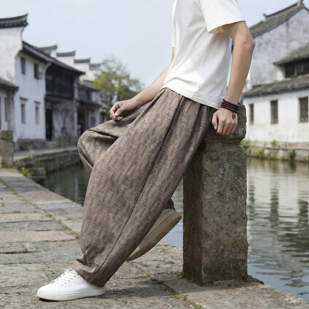 Chinese Style Summer Men's Loose Ice Silk Imitation Hemp Feel Printed Wide-leg Pants Large Size Fashion Casual Straight Pants