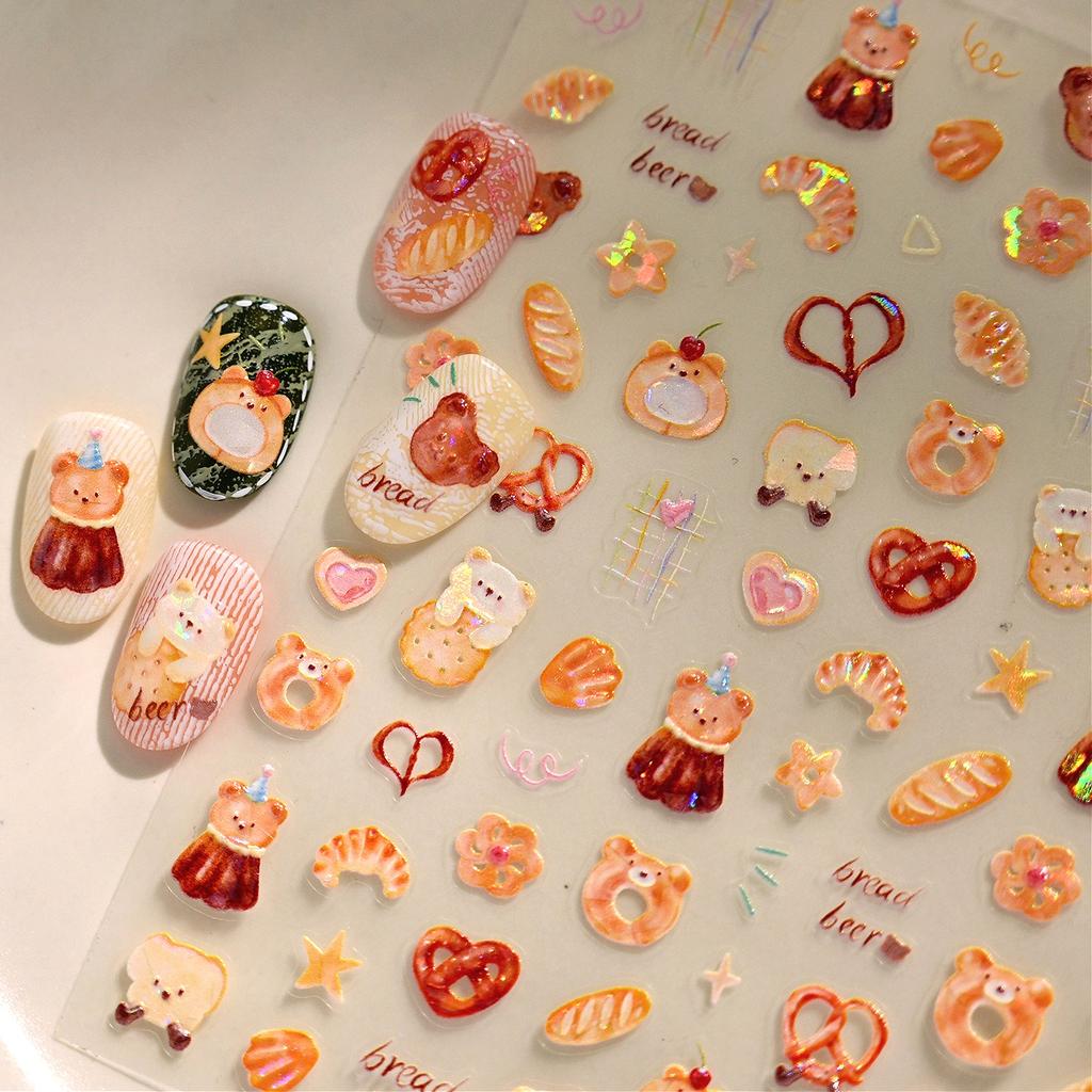 Cartoon Cute Bear Pudding Pretzel Bread Croissant Cookies Shiny 3D Self Adhesive Nail Art Stickers Bakery Lovely Manicure Decals